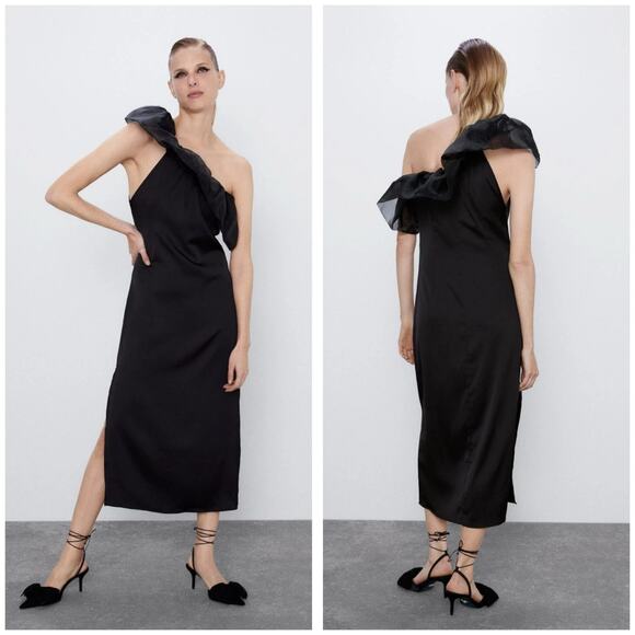 Zara Dresses & Skirts - Zara Black Satin Midi Dress Organza Ruffle Puff Sleeve Medium 8779/462 NWT